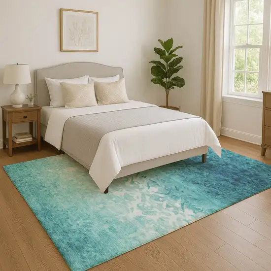 Teal And Ivory Damask Washable Area Rug With UV Protection Photo 5