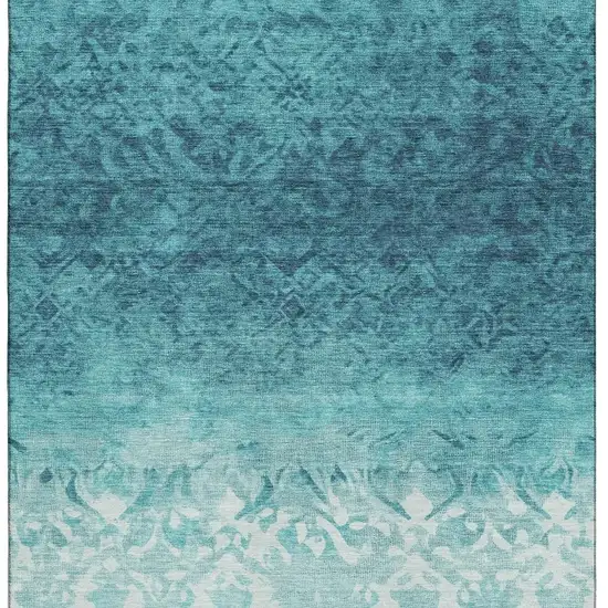 Teal And Ivory Damask Washable Area Rug With UV Protection Photo 3