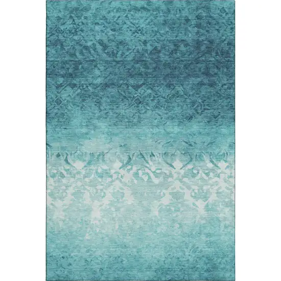 Teal And Ivory Damask Washable Area Rug With UV Protection Photo 1
