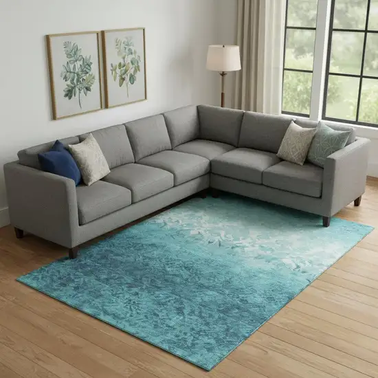 Teal And Ivory Damask Washable Area Rug With UV Protection Photo 2