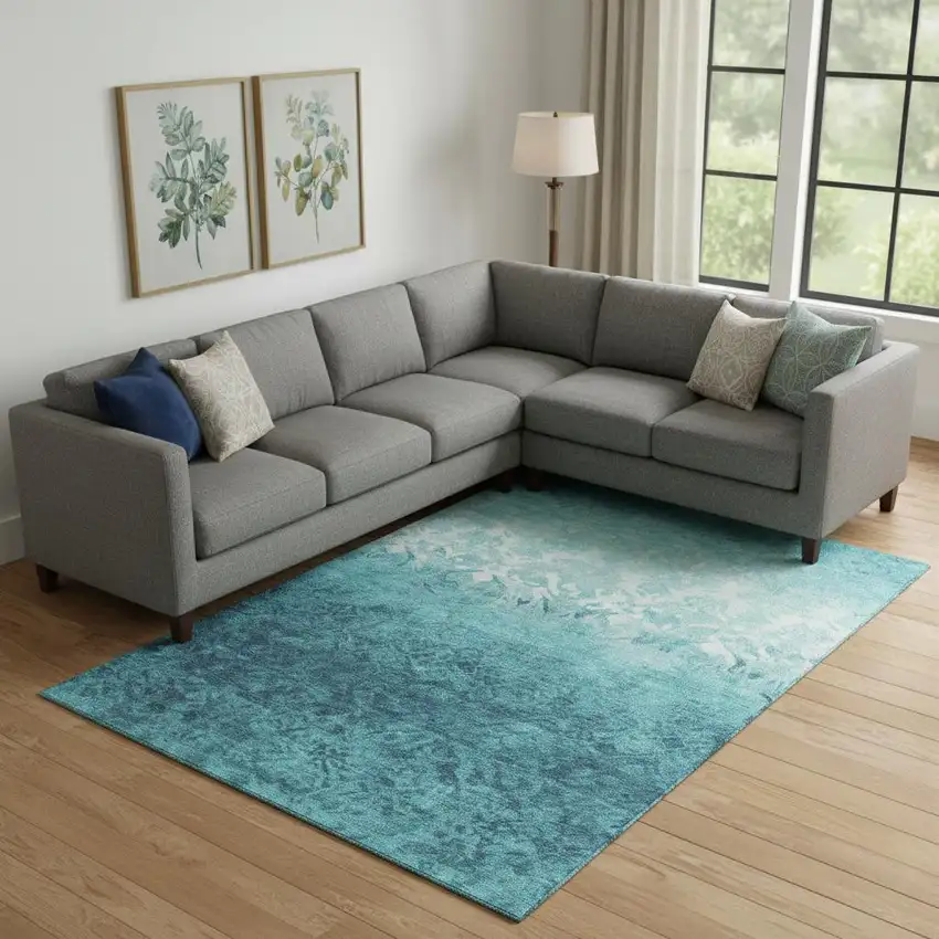 Teal And Ivory Damask Washable Area Rug With UV Protection Photo 2