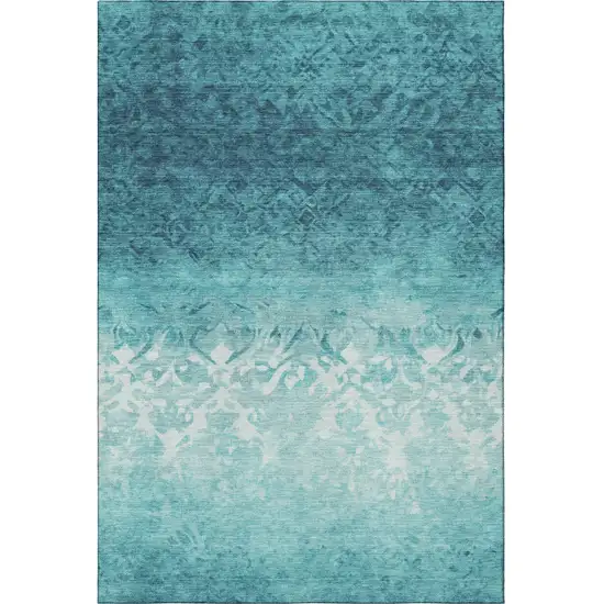 Teal And Ivory Damask Washable Area Rug With UV Protection Photo 3