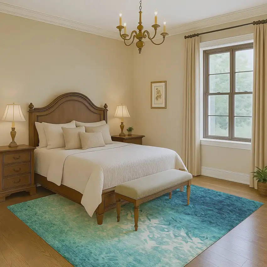 Teal And Ivory Damask Washable Area Rug With UV Protection Photo 5