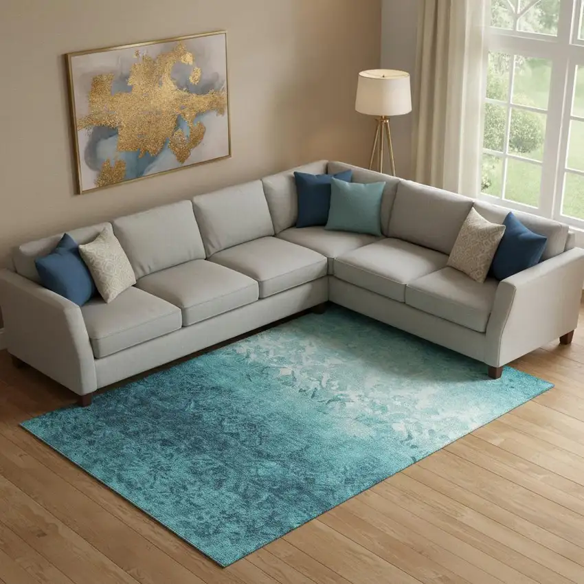 Teal And Ivory Damask Washable Area Rug With UV Protection Photo 2