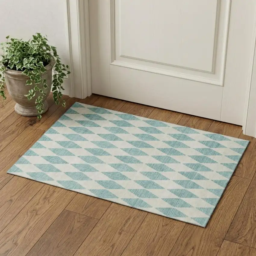 Teal And Ivory Diamond Washable Area Rug With UV Protection Photo 1