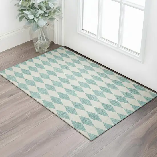 Teal And Ivory Diamond Washable Area Rug With UV Protection Photo 1