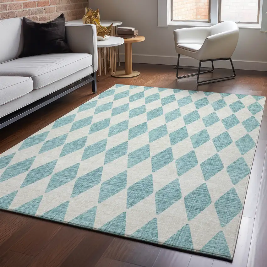 Teal And Ivory Diamond Washable Area Rug With UV Protection Photo 4