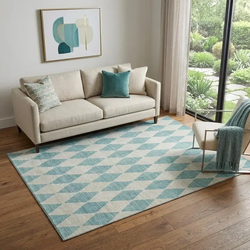 Teal And Ivory Diamond Washable Area Rug With UV Protection Photo 1