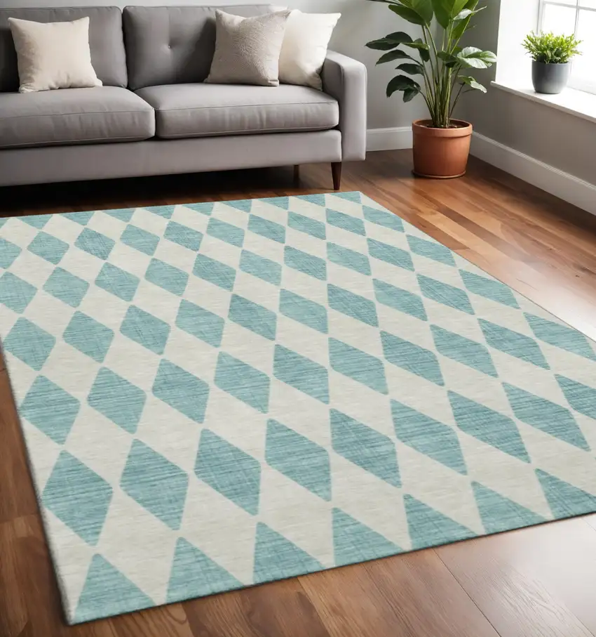 Teal And Ivory Diamond Washable Area Rug With UV Protection Photo 2