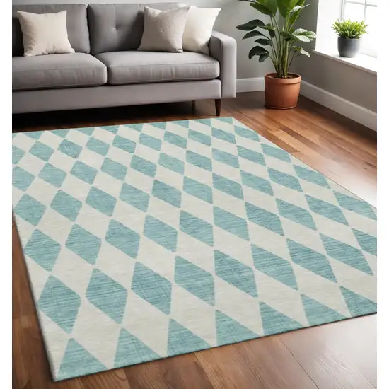 Teal And Ivory Diamond Washable Area Rug With UV Protection Photo 2