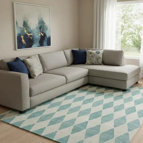 Teal And Ivory Diamond Washable Area Rug With UV Protection Photo 1