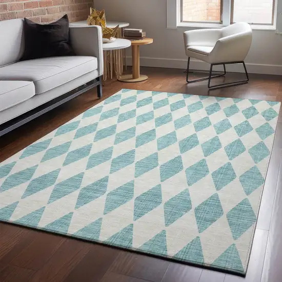 Teal And Ivory Diamond Washable Area Rug With UV Protection Photo 4