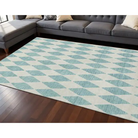 Teal And Ivory Diamond Washable Area Rug With UV Protection Photo 2