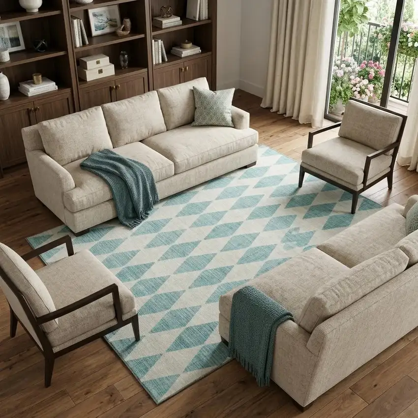 Teal And Ivory Diamond Washable Area Rug With UV Protection Photo 1