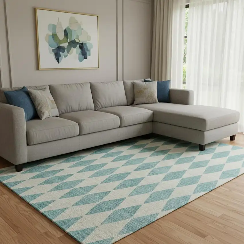 Teal And Ivory Diamond Washable Area Rug With UV Protection Photo 1