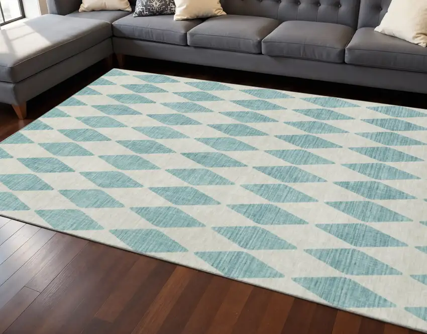 Teal And Ivory Diamond Washable Area Rug With UV Protection Photo 2