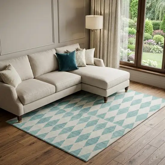 Teal And Ivory Diamond Washable Area Rug With UV Protection Photo 1