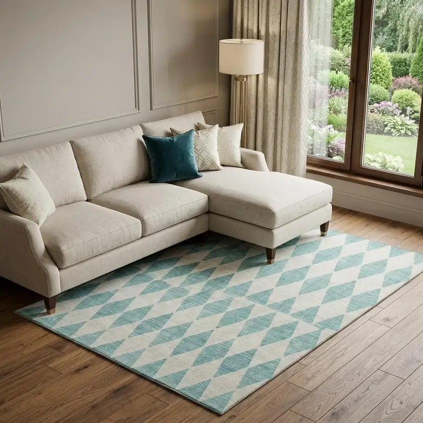 Teal And Ivory Diamond Washable Area Rug With UV Protection Photo 1