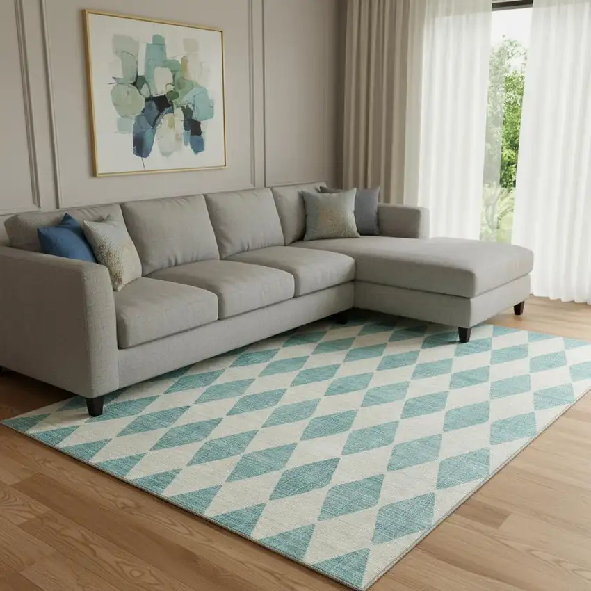 Teal And Ivory Diamond Washable Area Rug With UV Protection Photo 1