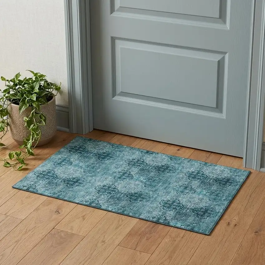Teal And Ivory Floral Medallion Distressed Washable Area Rug With UV Protection Photo 1
