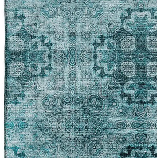 Teal And Ivory Floral Medallion Washable Area Rug With UV Protection Photo 3