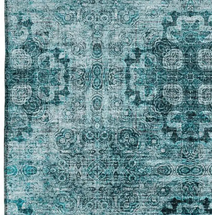 Teal And Ivory Floral Medallion Washable Area Rug With UV Protection Photo 3