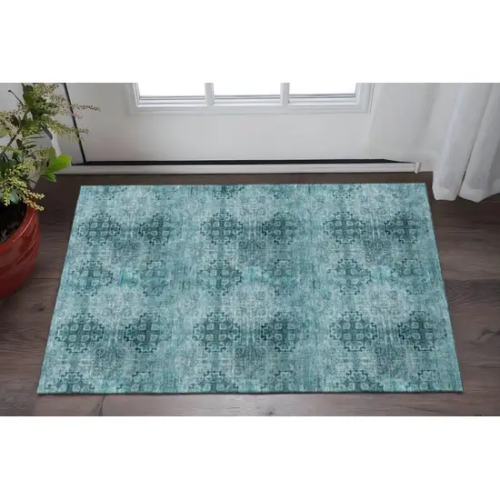 Teal And Ivory Floral Medallion Washable Area Rug With UV Protection Photo 2