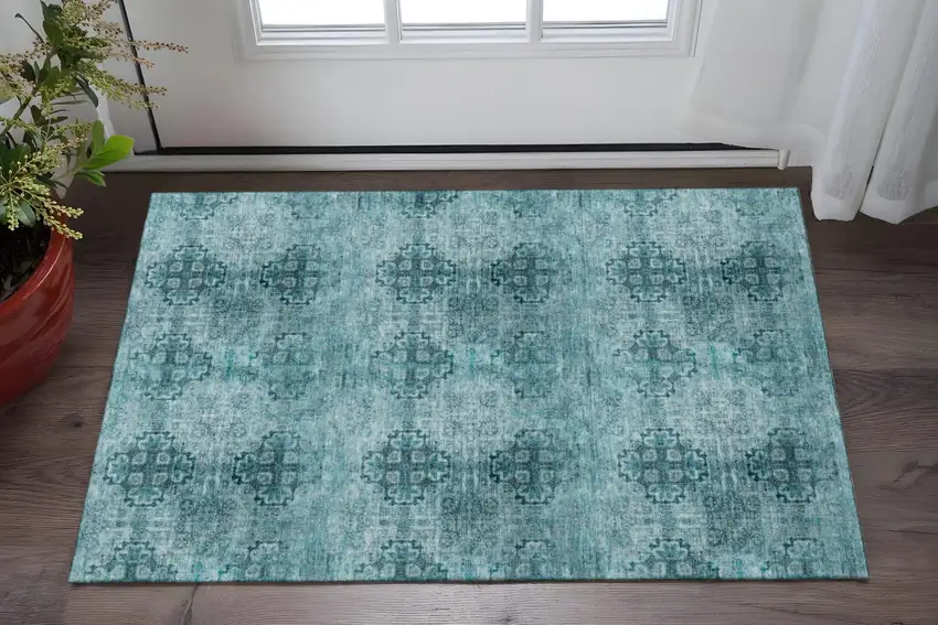 Teal And Ivory Floral Medallion Washable Area Rug With UV Protection Photo 2