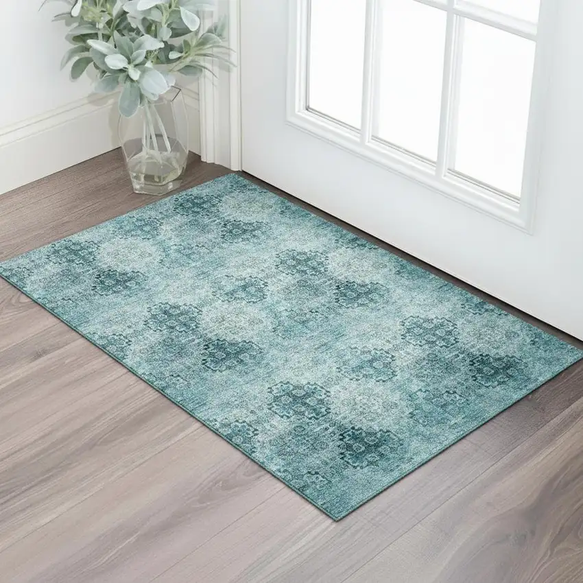 Teal And Ivory Floral Medallion Washable Area Rug With UV Protection Photo 1