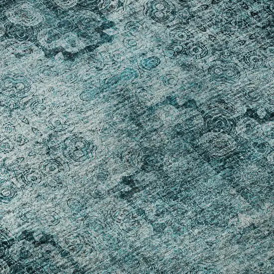 Teal And Ivory Floral Medallion Distressed Washable Area Rug With UV Protection Photo 9