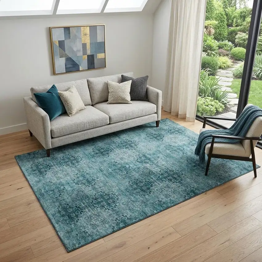 Teal And Ivory Floral Medallion Distressed Washable Area Rug With UV Protection Photo 1