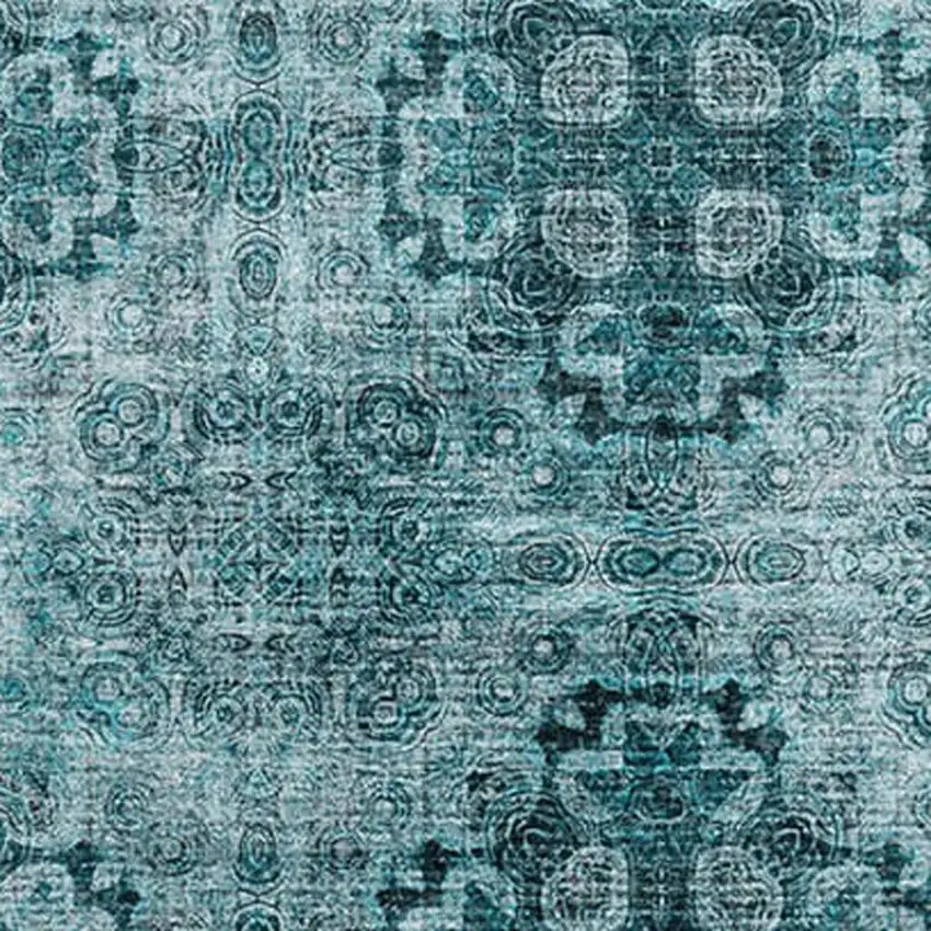 Teal And Ivory Floral Medallion Washable Area Rug With UV Protection Photo 3