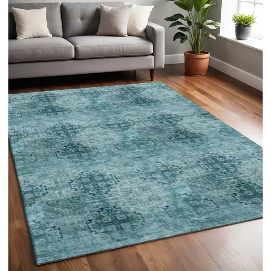 Teal And Ivory Floral Medallion Washable Area Rug With UV Protection Photo 2