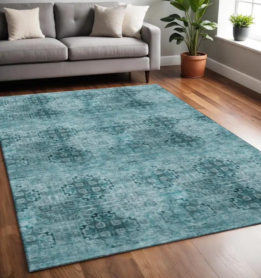 Teal And Ivory Floral Medallion Washable Area Rug With UV Protection Photo 2