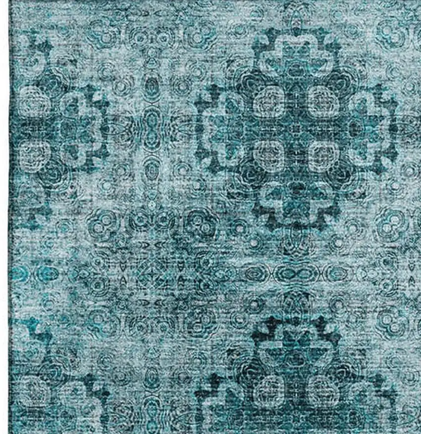 Teal And Ivory Floral Medallion Washable Area Rug With UV Protection Photo 4