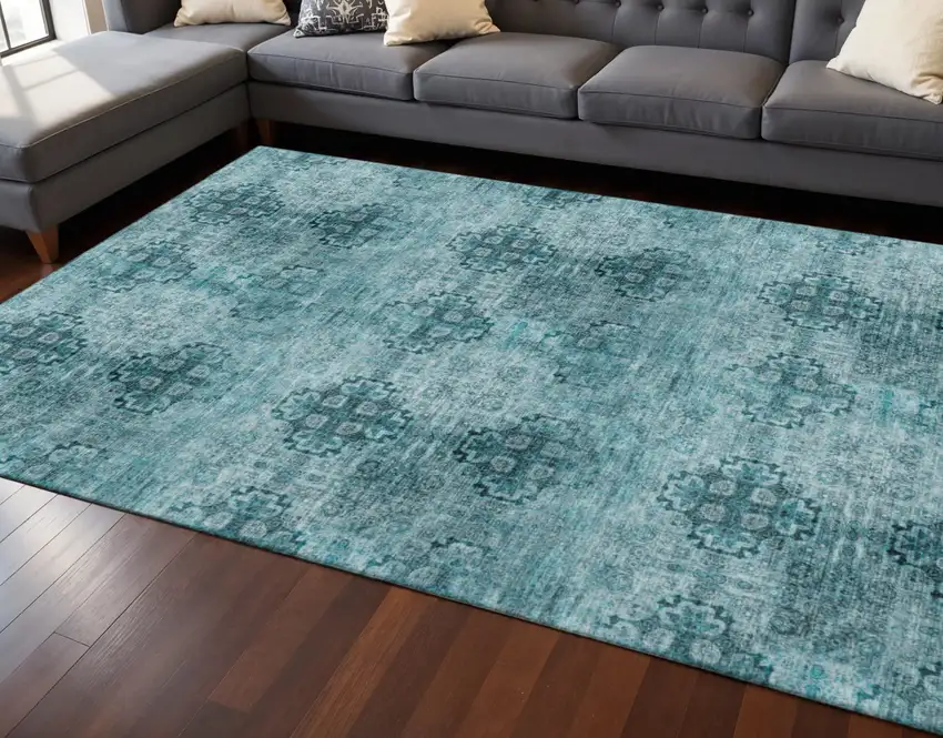 Teal And Ivory Floral Medallion Washable Area Rug With UV Protection Photo 2