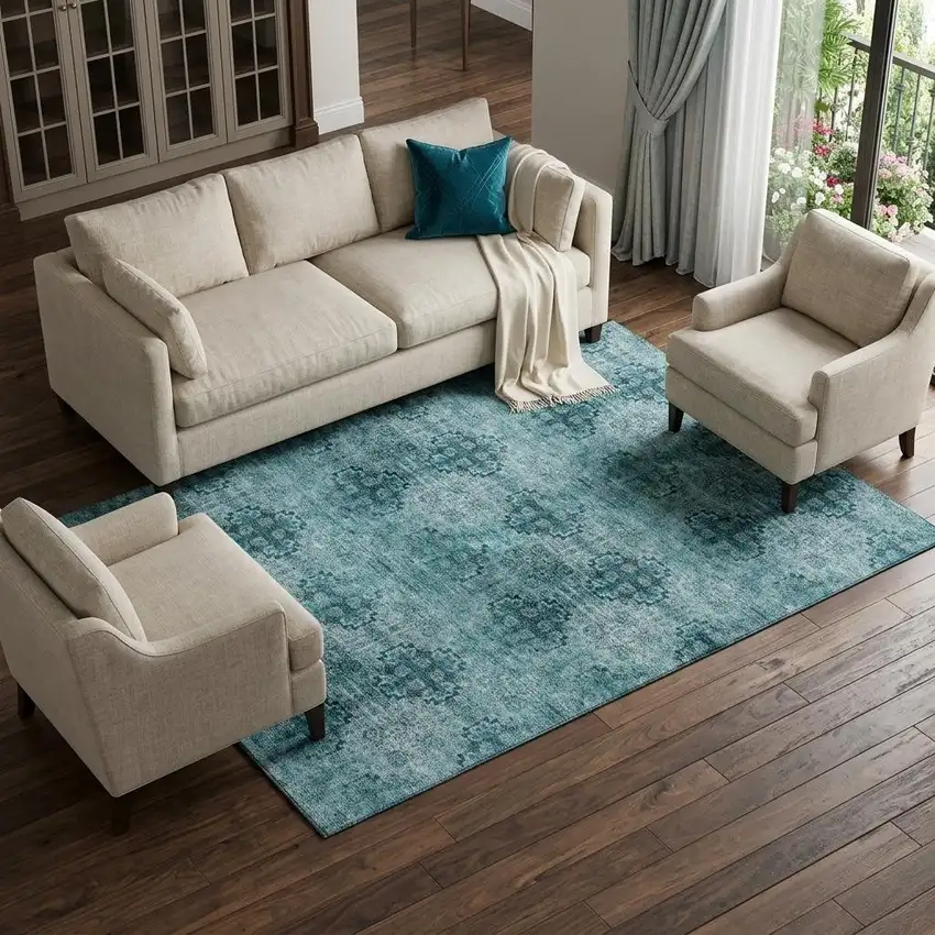 Teal And Ivory Floral Medallion Distressed Washable Area Rug With UV Protection Photo 1