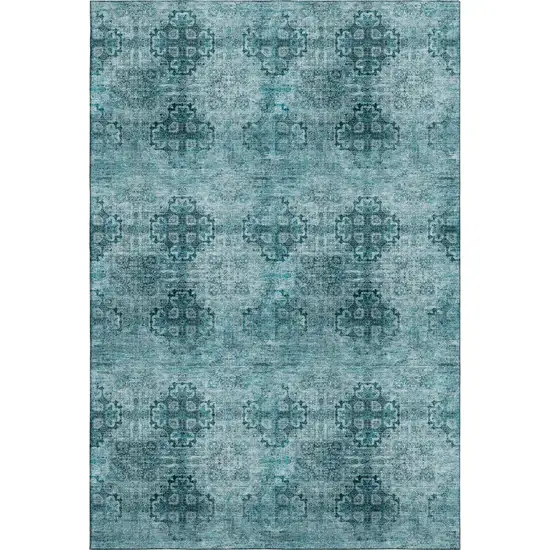 Teal And Ivory Floral Medallion Washable Area Rug With UV Protection Photo 1
