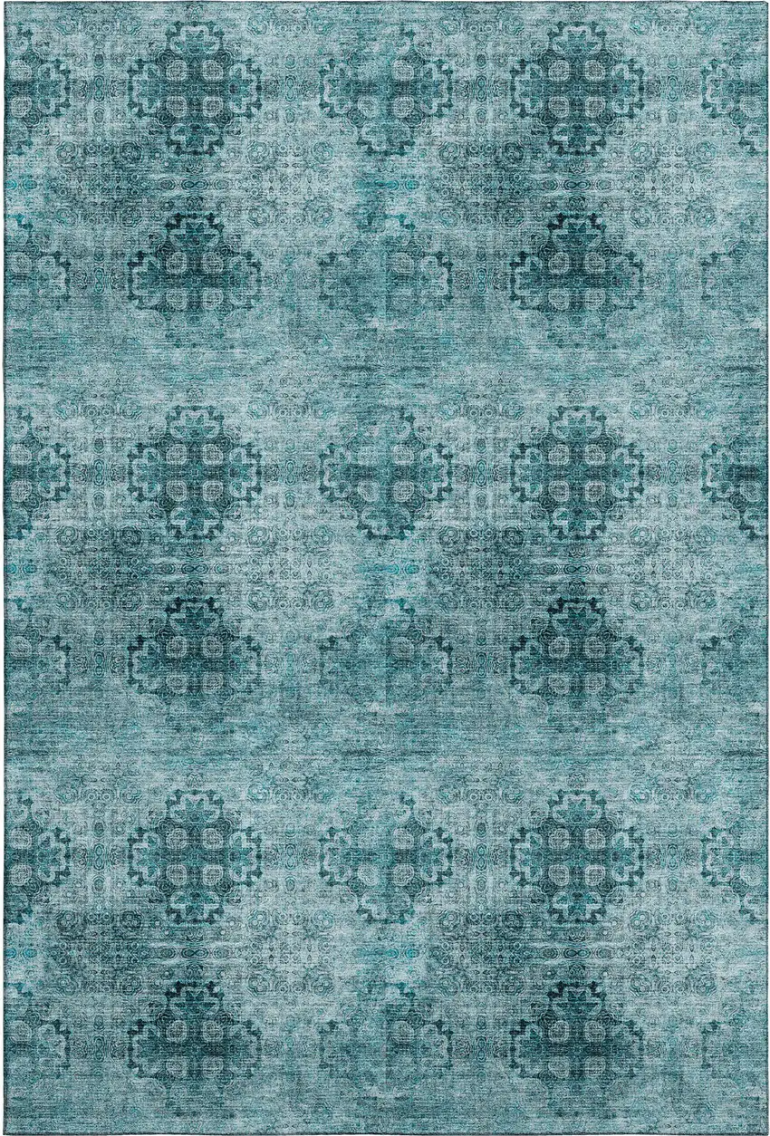 Teal And Ivory Floral Medallion Washable Area Rug With UV Protection Photo 1