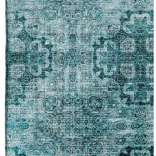 Teal And Ivory Floral Medallion Washable Area Rug With UV Protection Photo 3