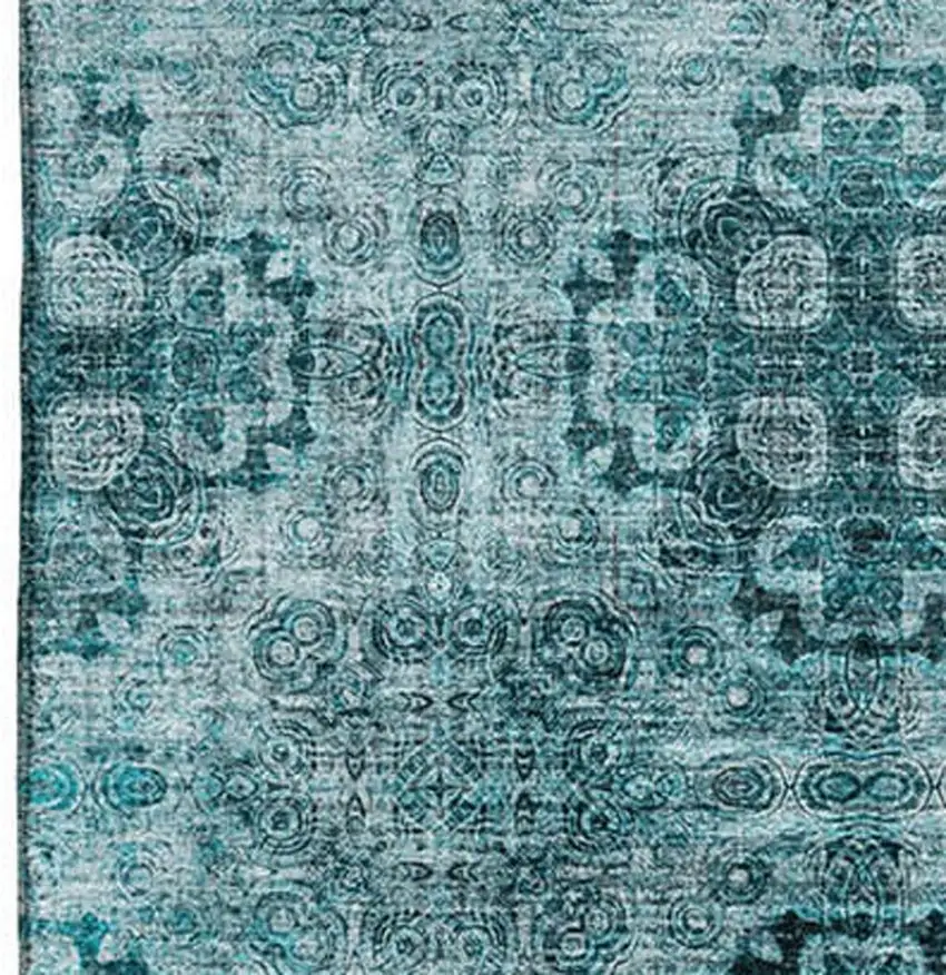 Teal And Ivory Floral Medallion Washable Area Rug With UV Protection Photo 3