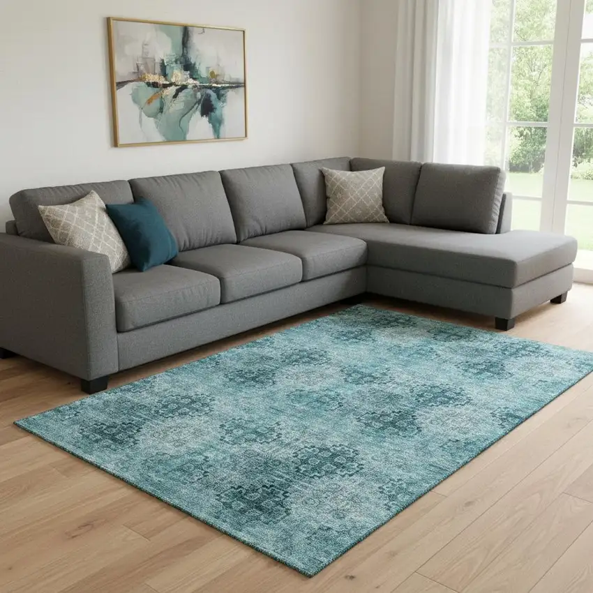 Teal And Ivory Floral Medallion Washable Area Rug With UV Protection Photo 1