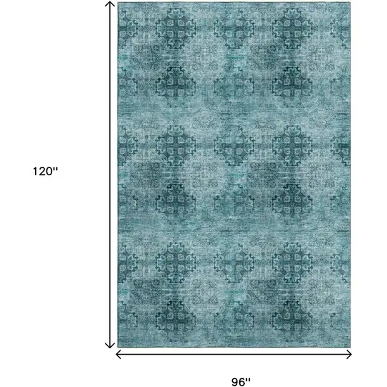 Teal And Ivory Floral Medallion Washable Area Rug With UV Protection Photo 3