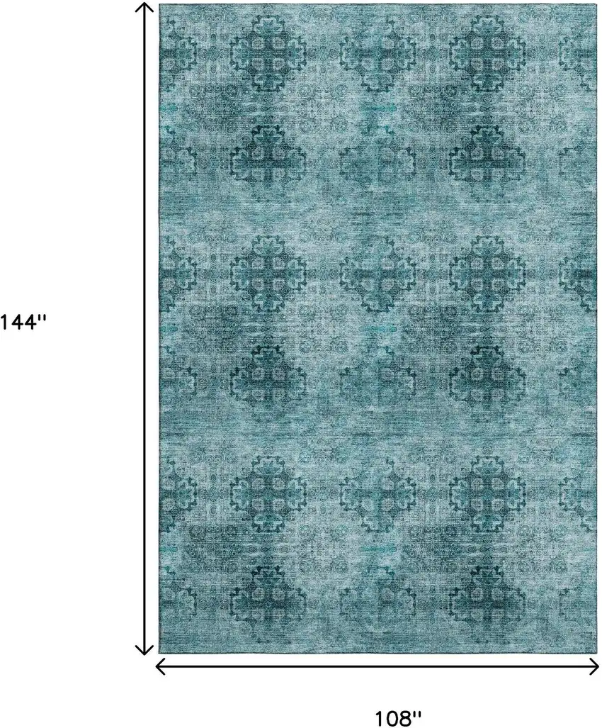 Teal And Ivory Floral Medallion Washable Area Rug With UV Protection Photo 3