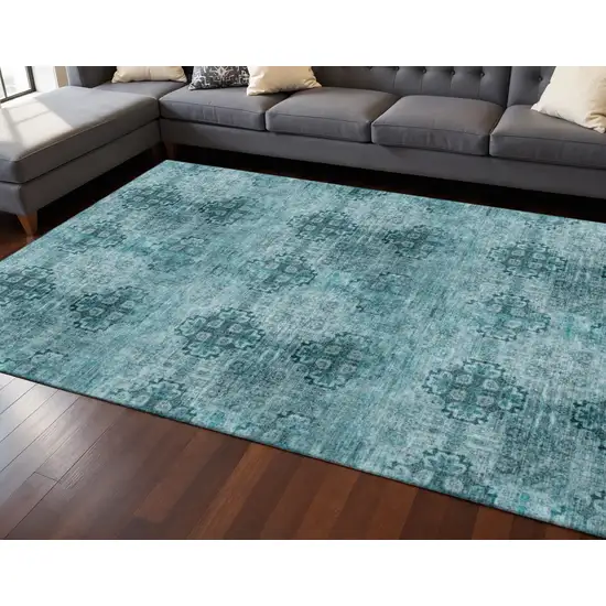 Teal And Ivory Floral Medallion Washable Area Rug With UV Protection Photo 2