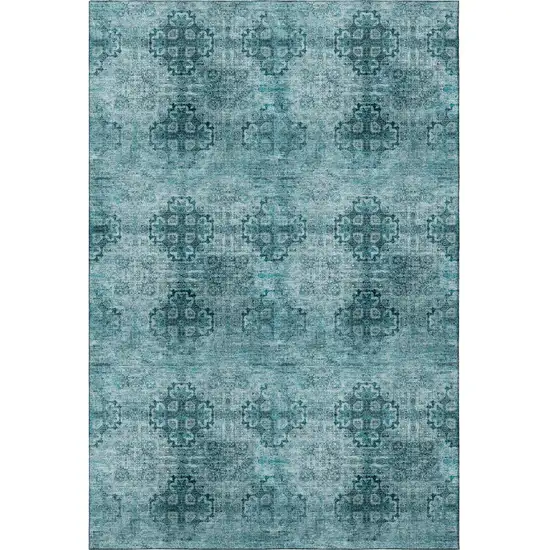 Teal And Ivory Floral Medallion Washable Area Rug With UV Protection Photo 3
