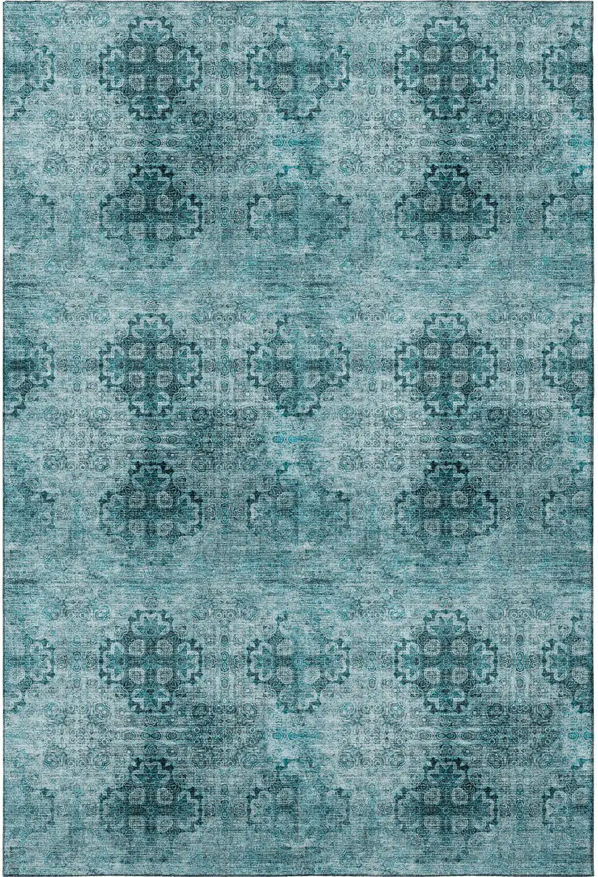 Teal And Ivory Floral Medallion Washable Area Rug With UV Protection Photo 3