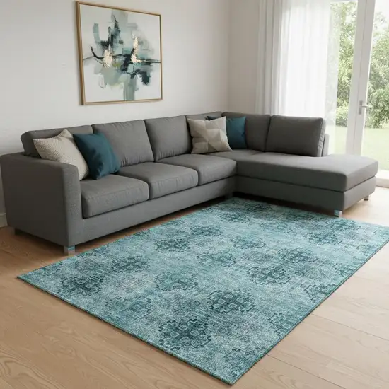 Teal And Ivory Floral Medallion Washable Area Rug With UV Protection Photo 1