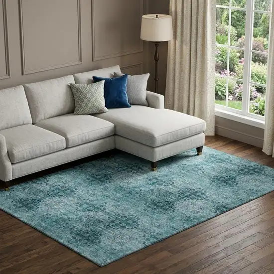 Teal And Ivory Floral Medallion Distressed Washable Area Rug With UV Protection Photo 1