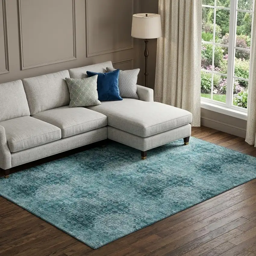 Teal And Ivory Floral Medallion Distressed Washable Area Rug With UV Protection Photo 1